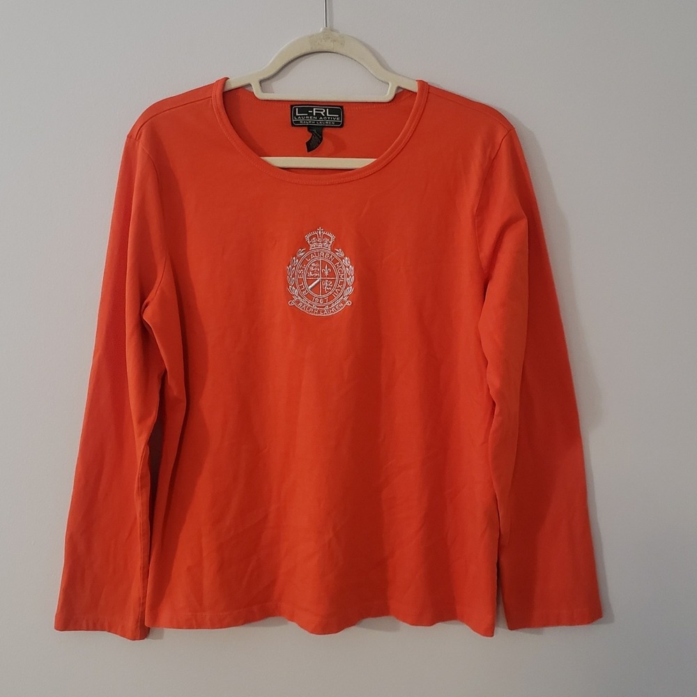 Vintage Ralph Lauren L-RL Active Womens Top XL Gold Crest Logo Pullover Orange